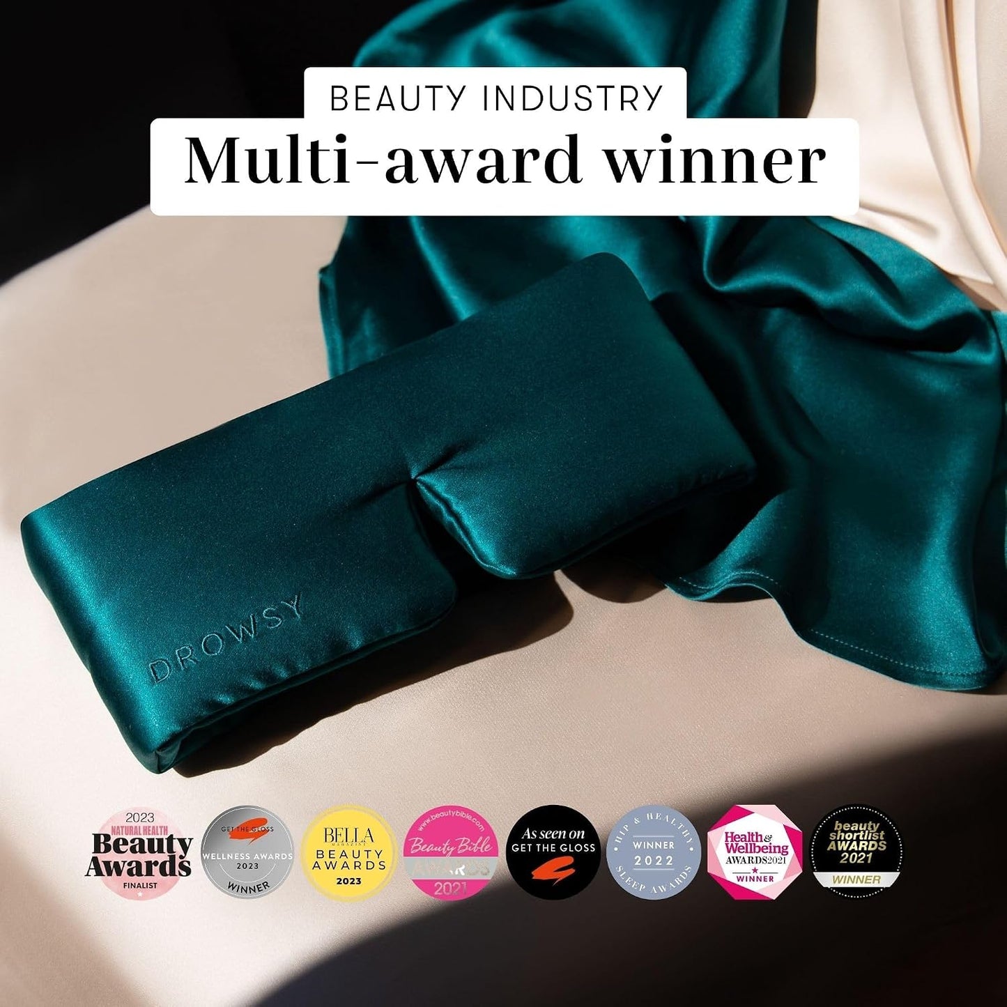 DROWSY Silk Sleep Mask - Face-Hugging, Padded Cocoon for Luxury Sleep in Total Darkness - 100% Pure Mulberry Silk (Black Jade)