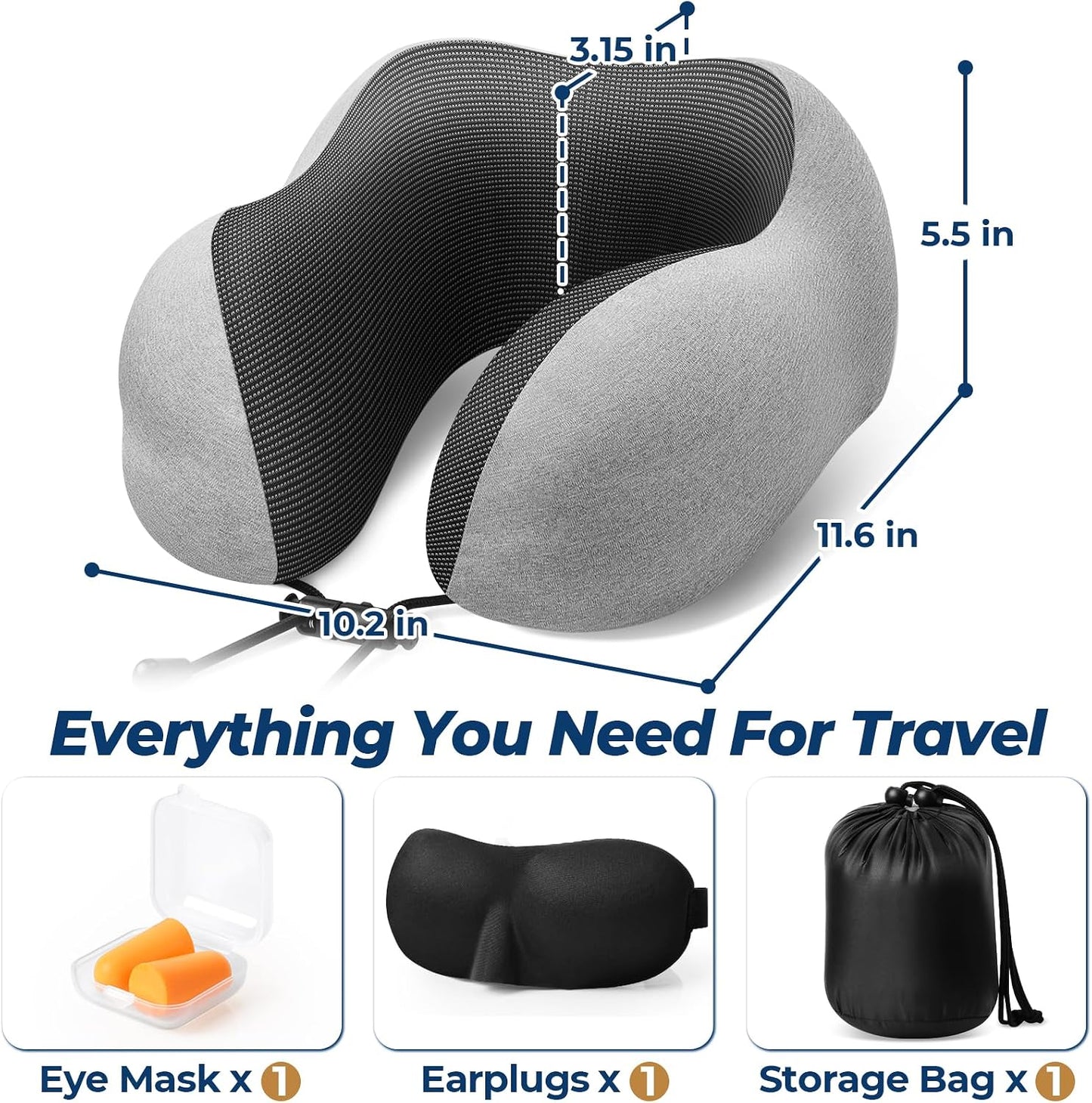 ExploreBliss Travel Pillow, Travel Pillows for Sleeping Airplane, Neck Pillow Airplane, Memory Foam Neck Pillow Set with Eye Mask, Earplugs and Storage Bag -Grey