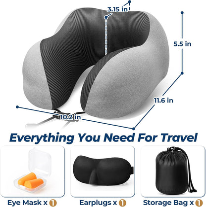 ExploreBliss Travel Pillow, Travel Pillows for Sleeping Airplane, Neck Pillow Airplane, Memory Foam Neck Pillow Set with Eye Mask, Earplugs and Storage Bag -Grey