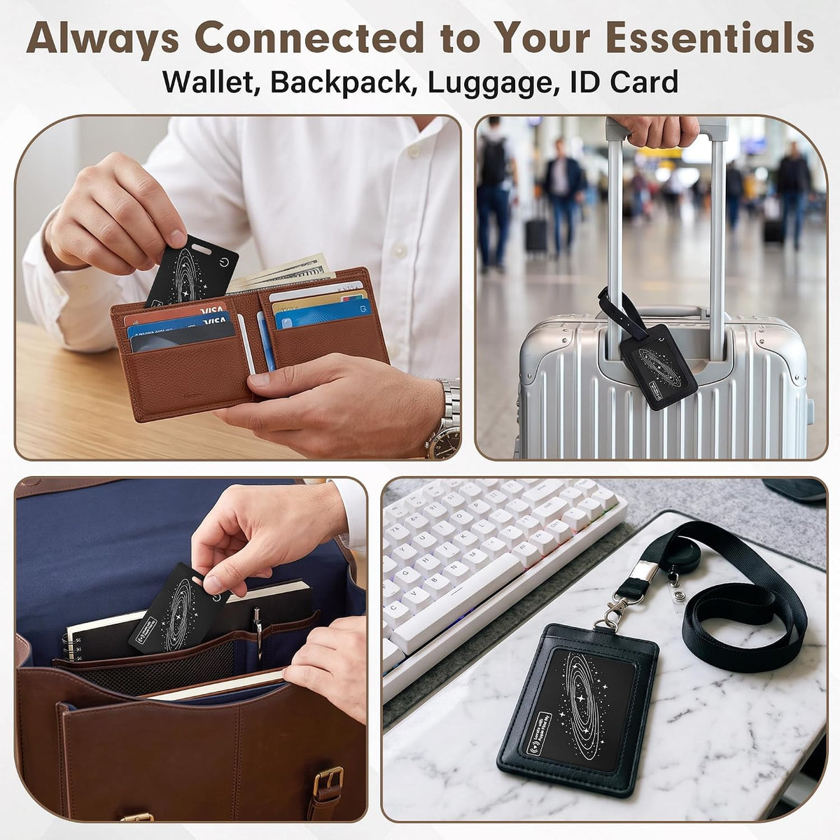 Smart Wallet Tracker Card (iOS Only) - Item Finder for Luggage, Keys & Passport 、Compatible with Apple Find My、Slim, Rechargeable & IP68 Waterproof (4 Black)