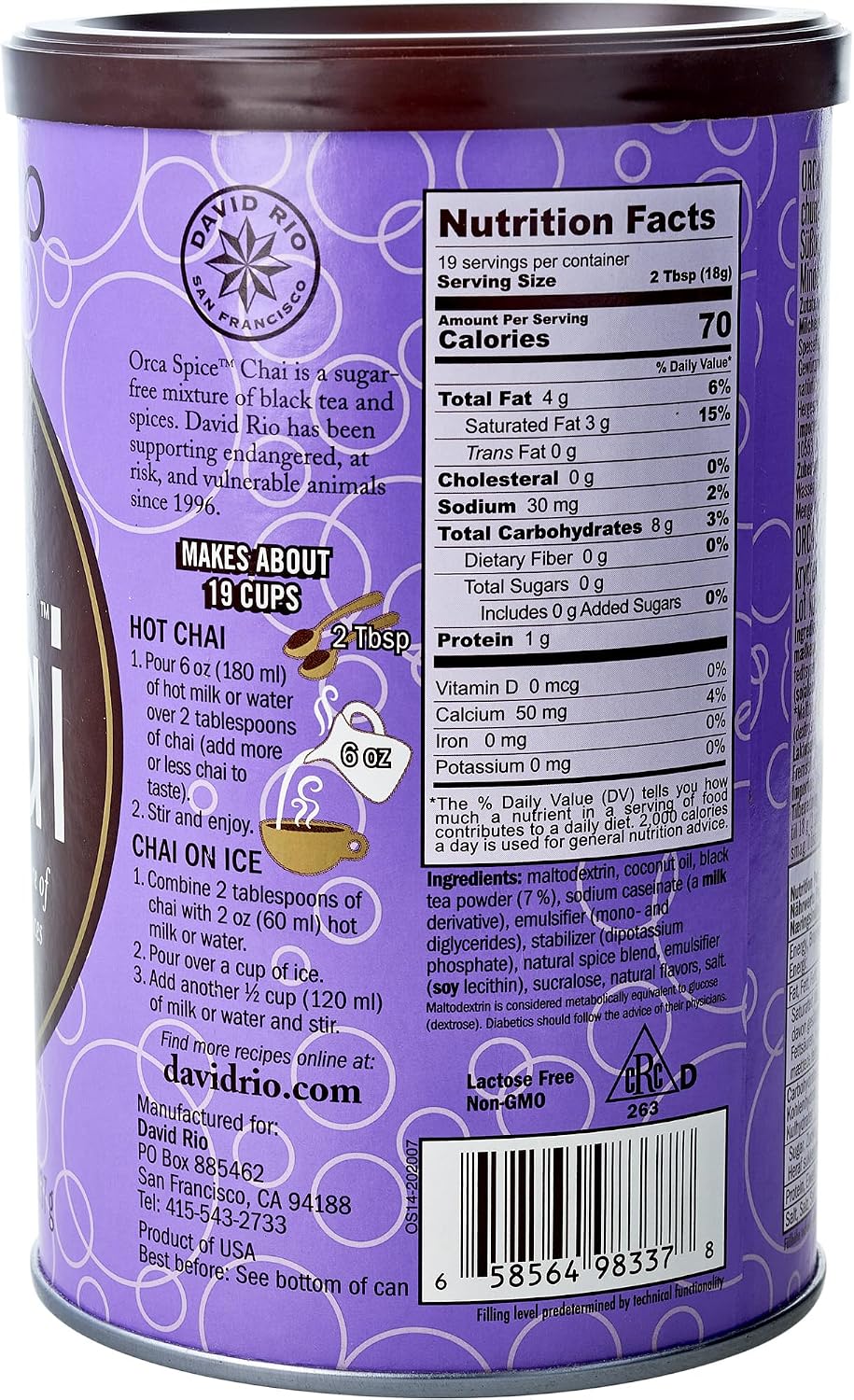 David Rio Elephant Vanilla Chai Tea Latte Mix, 14 Oz