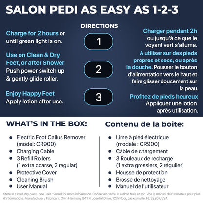 Electric Callus Remover: Rechargeable Electronic Foot File CR900 by Own Harmony (Powerful Motor) Best Pedicure Tools w 3 Rollers Professional Pedi Feet Care Sander for Cracked Heels and Hard Skin