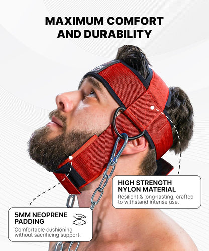 DMoose Fitness Neck Harness for Weight Lifting - Soft Padded Head & Chin Strap with 30" Heavy Duty Steel Chain - Neck Exerciser, Trainer & Strengthener to Support Injury Recovery and Intense Workouts