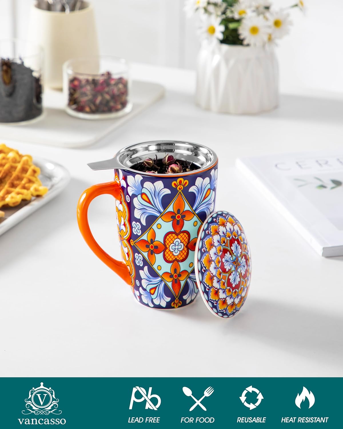vancasso Ceramic Tea Mug with Infuser and Lid, 18 Ounce Bohemian Loose Leaf Cup, Microwave & Dishwasher Safe, Perfect for Tea, Coffee, Burnt-Cobalt Mandala