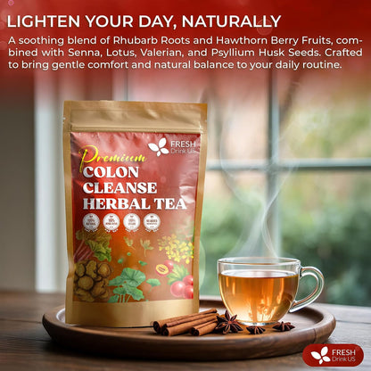 FreshDrinkUS, Premium Colon Cleanse Tea – 135 Tea Bags – Rhubarb Root & Hawthorn Berry with Senna, Lotus Leaf, Valerian Root & Psyllium Husk – Herbal Blend, Caffeine-Free. Vegan.