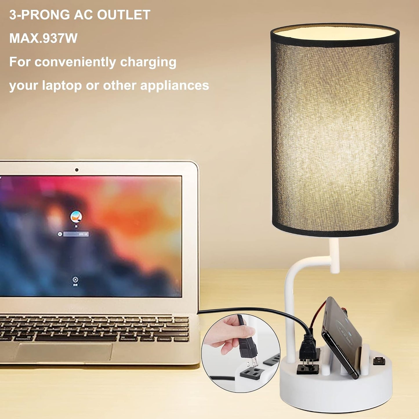 Dreamholder Table Lamp with 3 USB Charging Ports, Modern Desk Lamp with AC Outlet and Phone Stands, Perfect Bedside Lamp for Bedroom, Living Room, Office (Pack of 2), Cream
