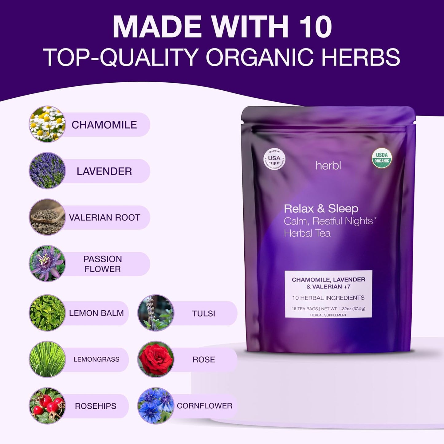 Organic Chamomile Lavender Tea - Relax & Sleep Tea - Chamomile Lavender Tea with Valerian, Passionflower, Lemon Balm and Extra Herbal Ingredients - The Ultimate USDA Organic Sleep Tea