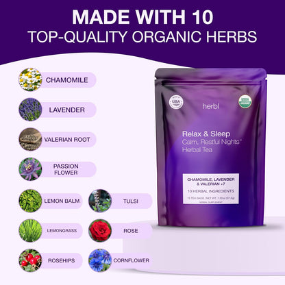 Organic Chamomile Lavender Tea - Relax & Sleep Tea - Chamomile Lavender Tea with Valerian, Passionflower, Lemon Balm and Extra Herbal Ingredients - The Ultimate USDA Organic Sleep Tea