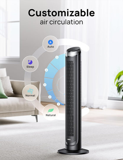 DREO Tower Fan for Bedroom, 90° Oscillating Fans that Blow Cold Air, 5 Speeds, 4 Modes with 26ft/s Velocity, 12H & 28dB Quiet Timer, Remote, Touch, 40" Standing Floor Fan for Home Office, Black