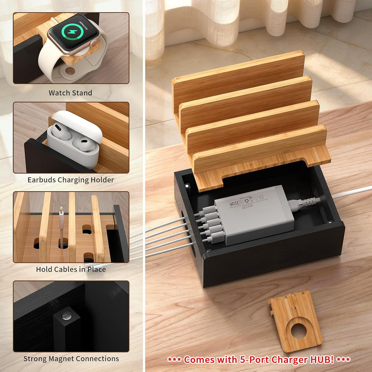 Pezin & Hulin Bamboo Charging Station with USB Charger,5Cables-Natural