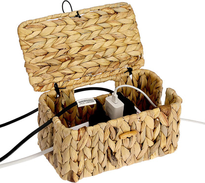 BTSKY Woven Cable Management Box with Lid Water Hyacinth Cord Organizer, S