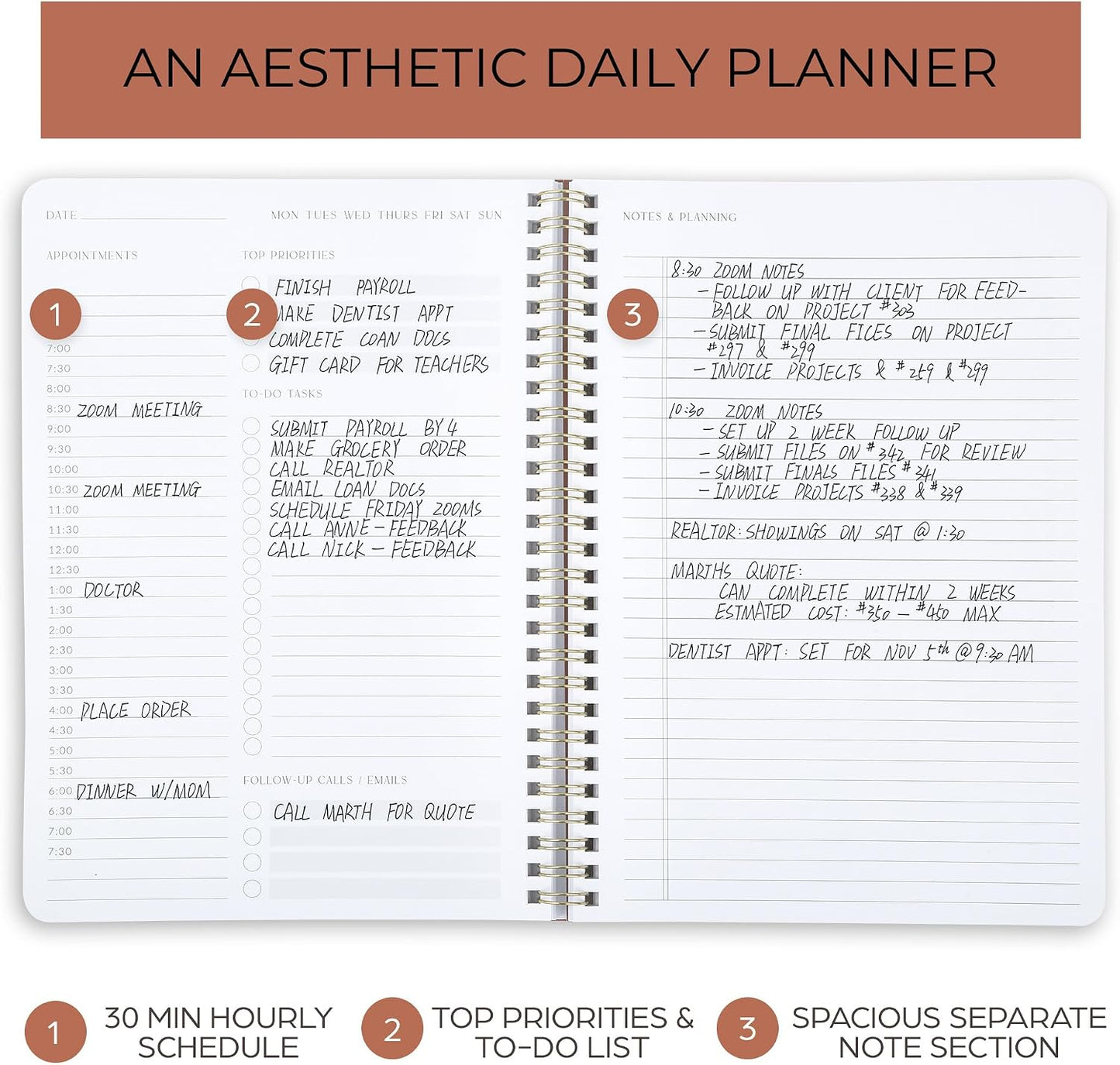 Beautiful Daily Planner And Notebook With Hourly Schedule - Aesthetic Spiral To do List Notepad to Easily Organize Your Work Tasks And Appointments - The Perfect Office Supplies For Women