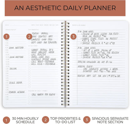 Beautiful Daily Planner And Notebook With Hourly Schedule - Aesthetic Spiral To do List Notepad to Easily Organize Your Work Tasks And Appointments - The Perfect Office Supplies For Women