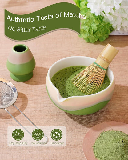 ZENS Matcha Whisk Set, Matcha Kit Set, Matcha Bowl with Spout, Bamboo Whisk & Scoop, Chasen Holder, 304 Sifter & Tea Mat, 6pcs Japaness Matcha Kit for Matcha Lovers, Birthday Gift, Pale Green