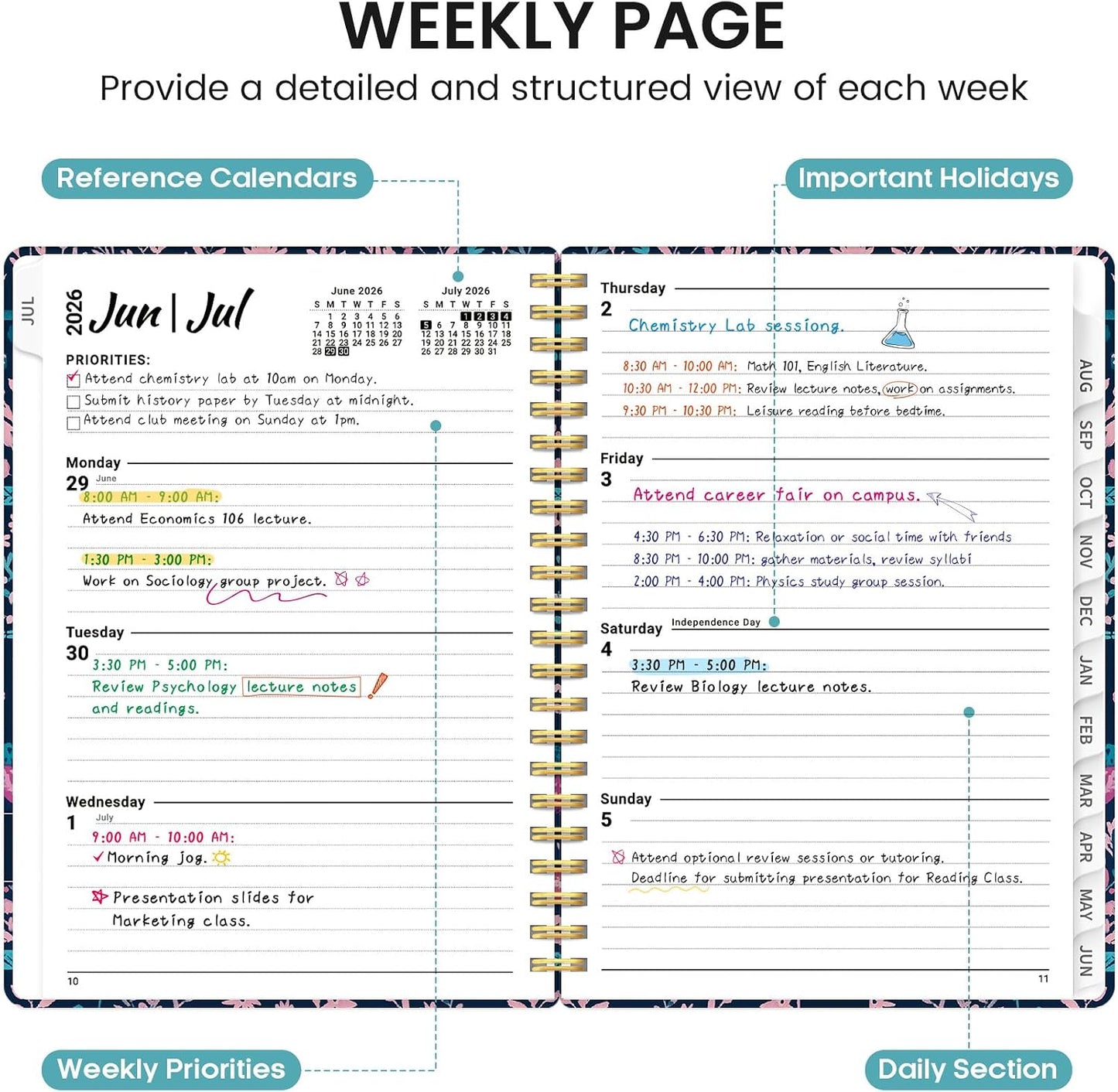 Planner 2026-2027, Academic Monthly and Weekly Calendar Planner for Women, July 2026 - June 2027, Hardcover Pretty Agenda Planner Book with Tabs, Spiral Daily Organizer for School Office Home Supplies, 6.3" x 8.5" - Blue Floral