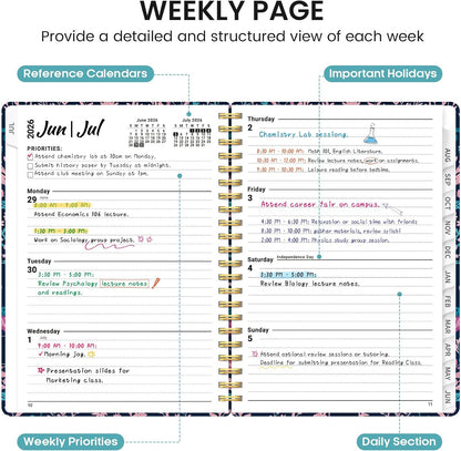 Planner 2026-2027, Academic Monthly and Weekly Calendar Planner for Women, July 2026 - June 2027, Hardcover Pretty Agenda Planner Book with Tabs, Spiral Daily Organizer for School Office Home Supplies, 6.3" x 8.5" - Blue Floral
