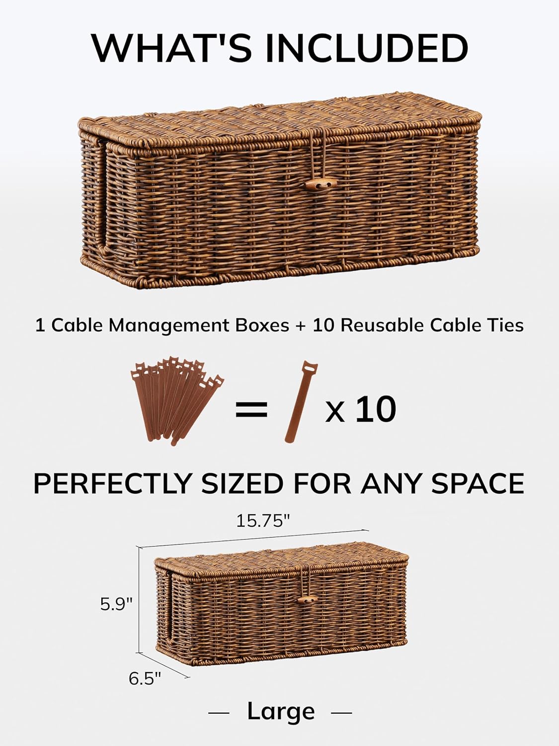 Cable Management Box, Cord Organizer with Lid & Cable Ties - Brown, L