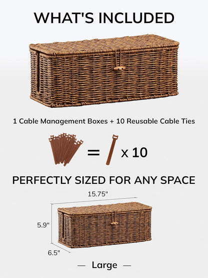 Cable Management Box, Cord Organizer with Lid & Cable Ties - Brown, L