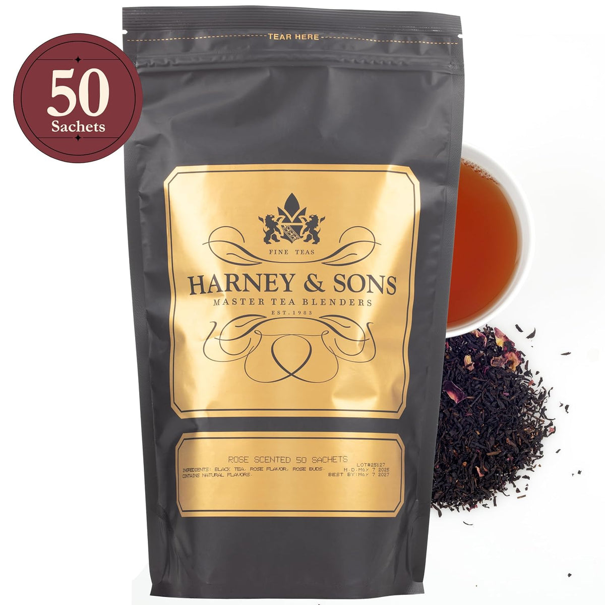 Harney & Sons Rose Scented Black Tea Sachets, 50 Count