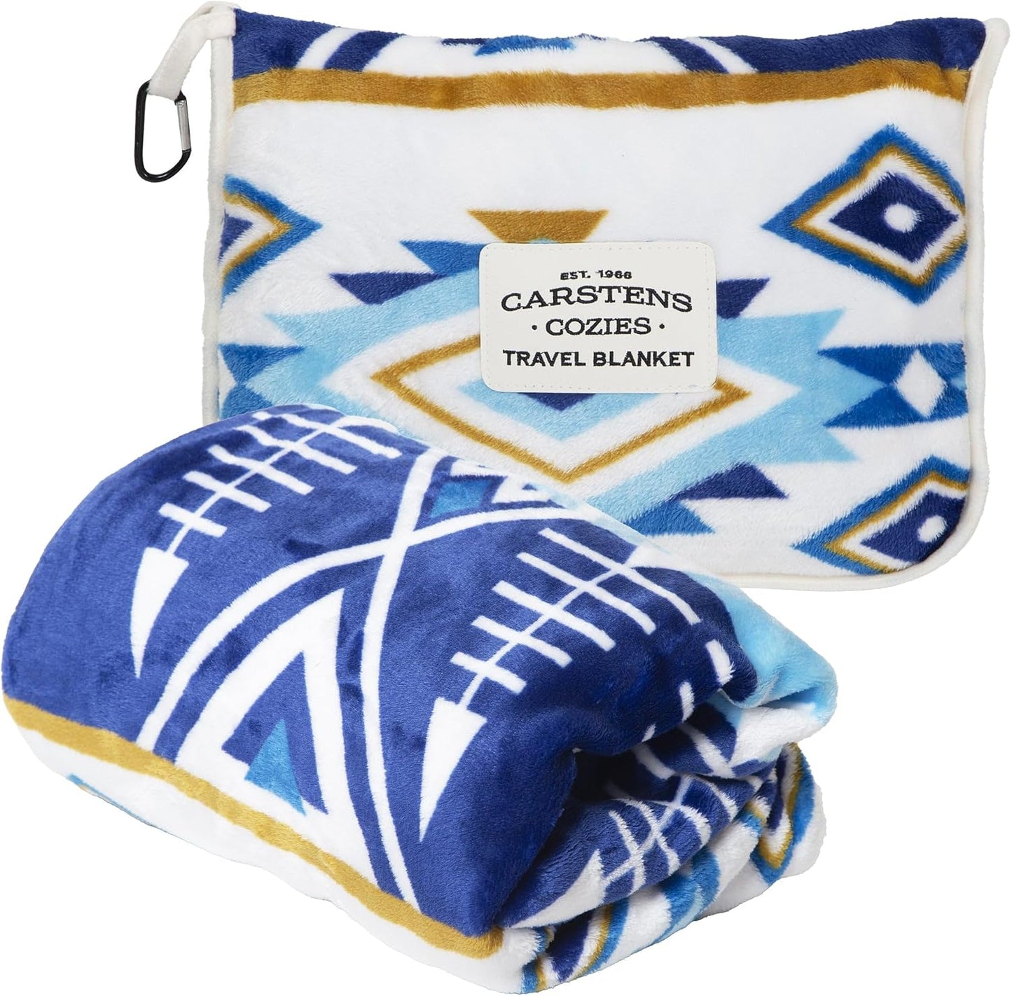 Carstens, Inc. Travel Blanket, Premium Compact 2-in-1 Airplane Blanket/Pillow, Open Sky Blue Aztec