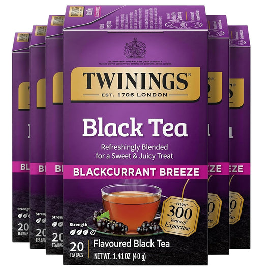 Twinings Blackcurrant Breeze Black Tea Individually Wrapped Bags, 20 Count (Pack of 6), Sweet, Tangy Taste, Caffeinated, Enjoy Hot or Iced, 120 Teabags