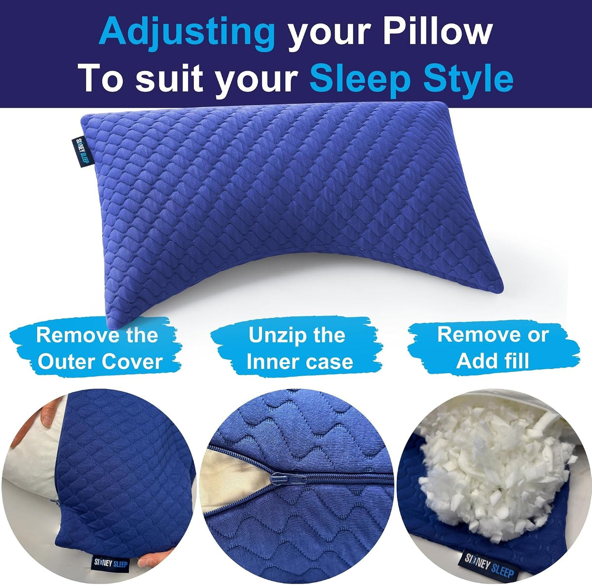 Sidney Sleep Adjustable Curved Pillows for Neck and Shoulder Support with Extra Shredded Fill - Cervical Contour Pillow for Side and Back Sleepers - Queen Size 19" x 29" CertiPUR-US Certified (White)