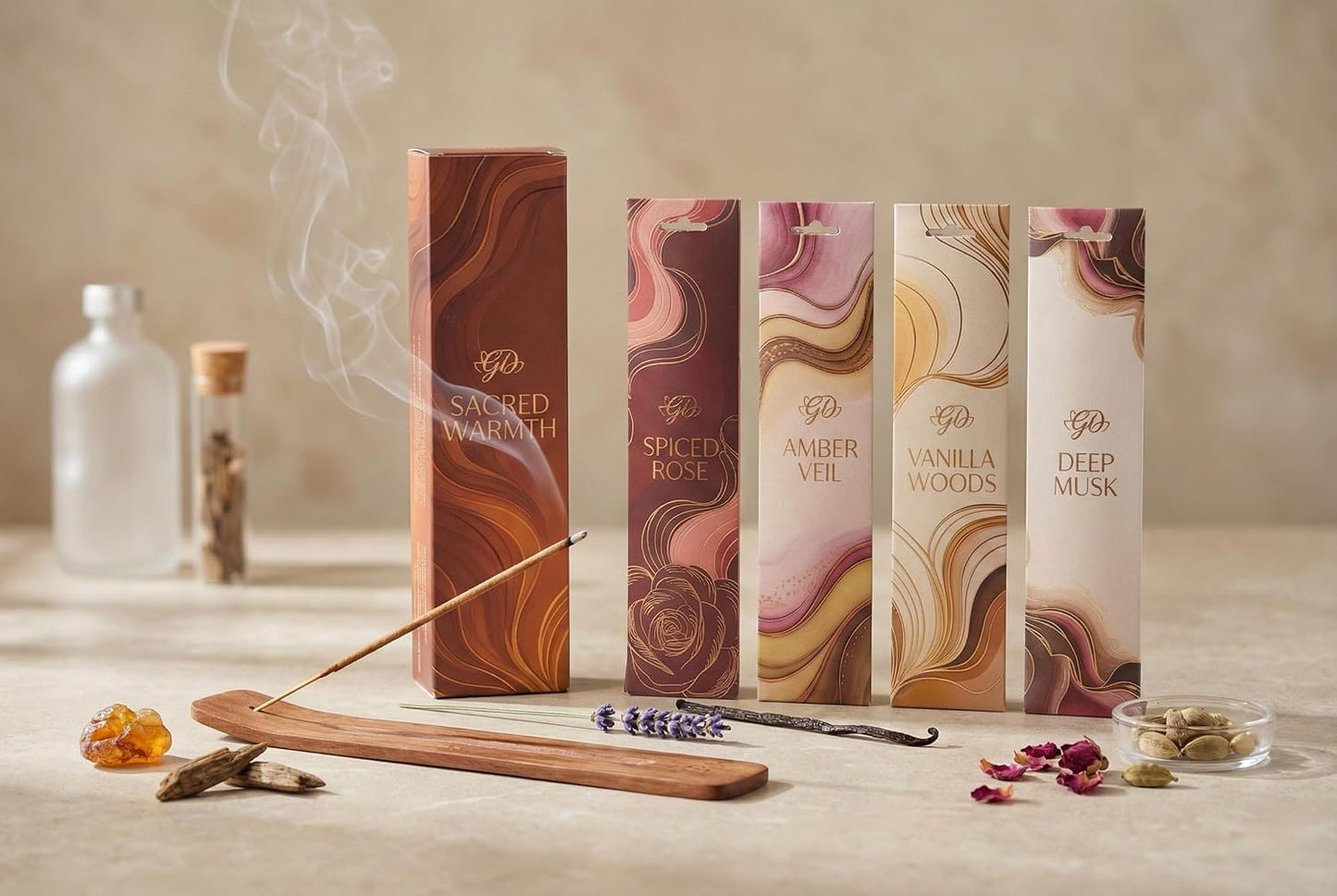 Incense Sticks Variety Pack with Wooden Holder | Nag Champa, Rose, Lavender, White Sage, Frankincense, Palo Santo & Sandalwood | Hand-Rolled Masala Incense
