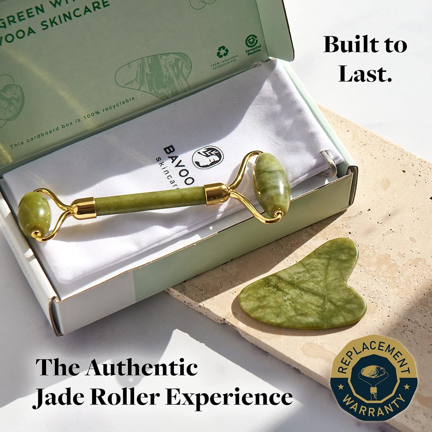 Jade Roller and Gua Sha - Spa Grade Face Roller Massager and Gua Sha Massage Tool Set. 100% Authentic Jade Stone. Reduces Puffiness, Wrinkles and Reveals Your Natural Glow