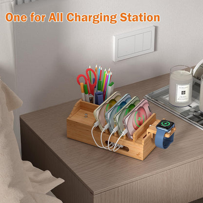 Bamboo Charging Station for Multiple Devices with USB Charger, 5 Cables