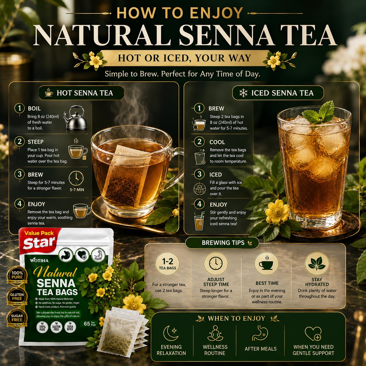 WOTIHA 60 Count Premium Lemon Balm Tea Bags - 100% Pure Natural Leaves, Lemony Citrusy Flavor, Supports Calming & Digestion, Caffeine-Free, Additive-Free, Sugar-Free, Vegan Non-GMO