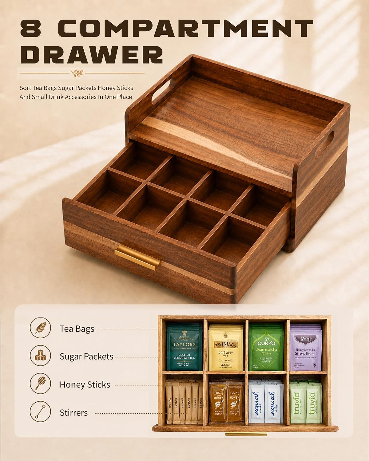 Acacia Wood Tea Bag Organizer for Countertop, Tea Holder Organizer with Storage Drawer