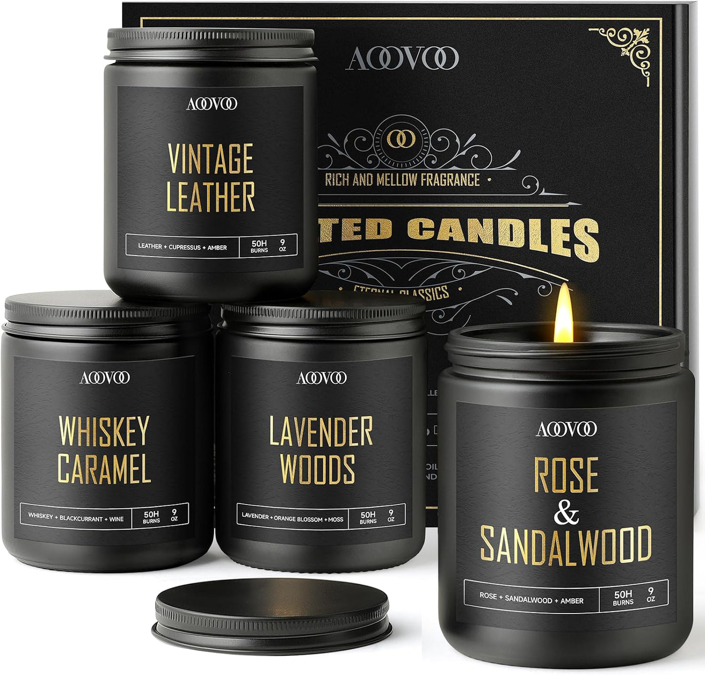 AOOVOO Scented Candles for Men - 4 Pack Candles for Home Scented, 36oz Soy Wax, 200 Hour Burn Time, Men Candle Set, Sandalwood Oud/Mahogany Teakwood/Smoke Vanilla/Jasmine Candle Set A