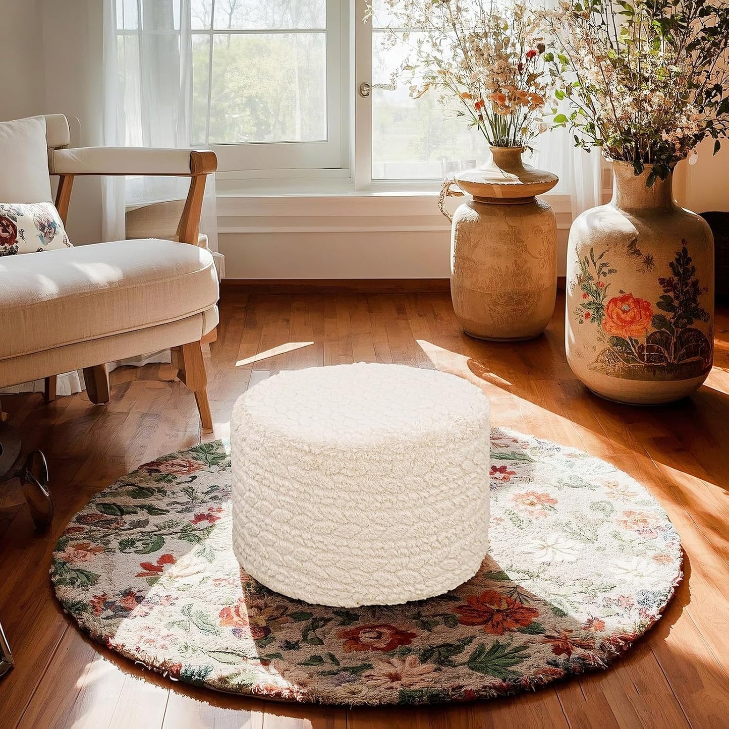 Round Pouf Ottoman 20 x 20 x 14 Inches Boho Poof Home Decor Floor Pouffe Ottoman Foot Rest for Couch Sofa Bean Bag Chairs Living Room Bedroom (Green)