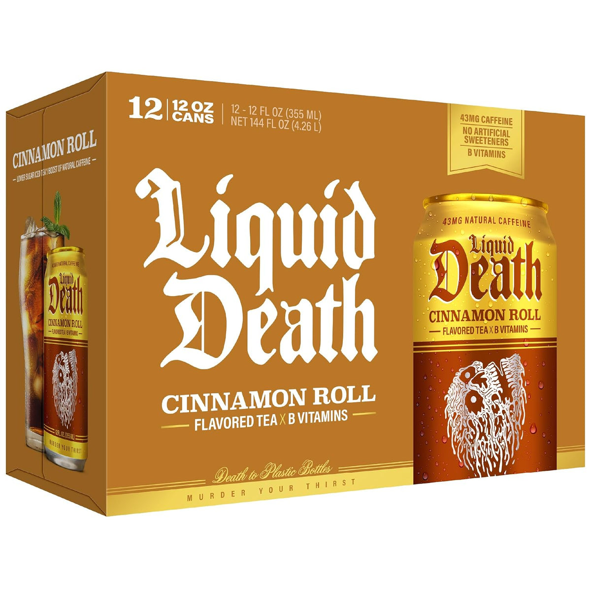 Liquid Death Iced Tea - Cinnamon Roll, Less Sugar*, Boost of Caffeine, B Vitamins, No Artificial Sweeteners, 12 Fl Oz (Pack of 12)