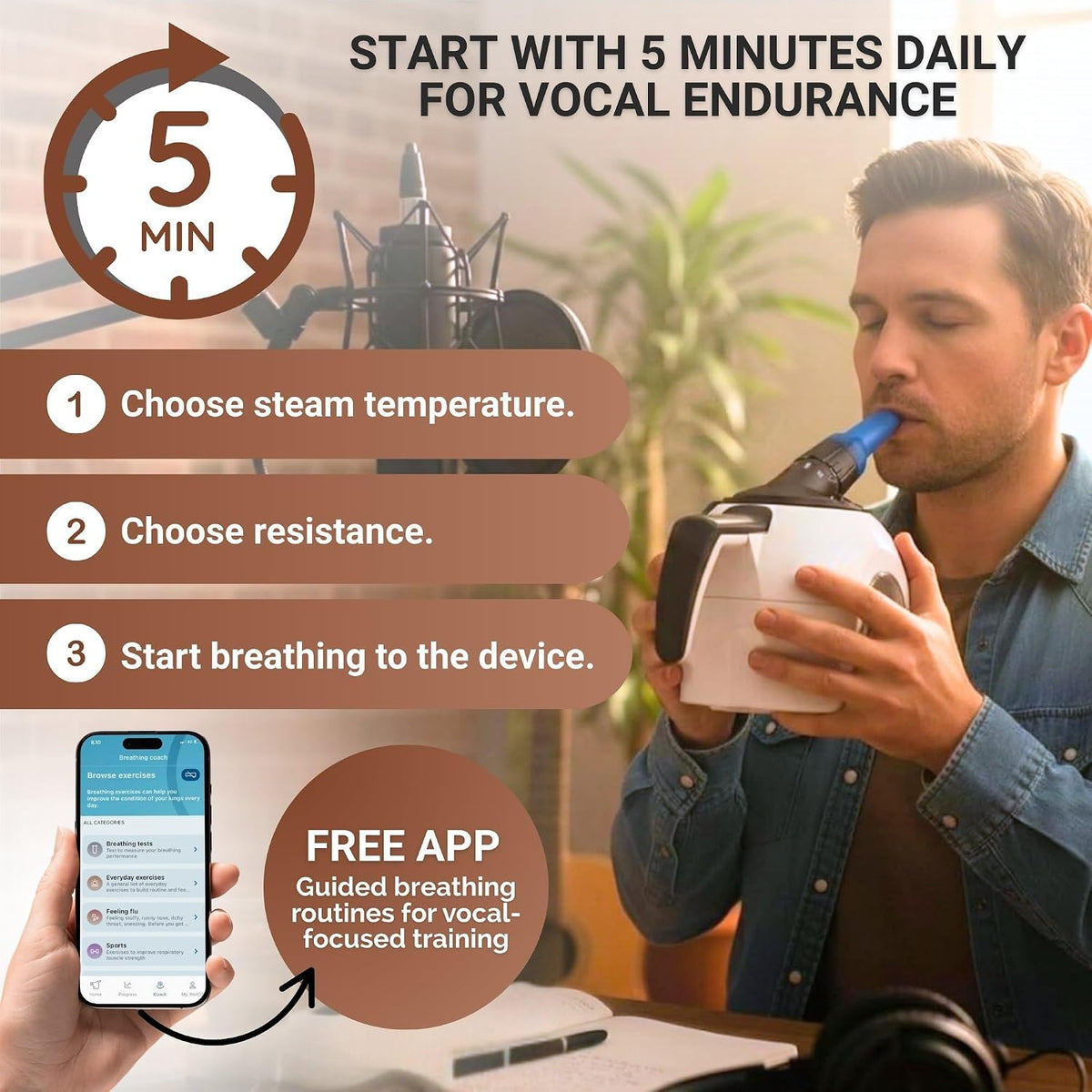 Breathing Trainer, Voice Training and Vocal Steamer for Singers, Actors, and Professionals with Warm Steam Intake, Portable