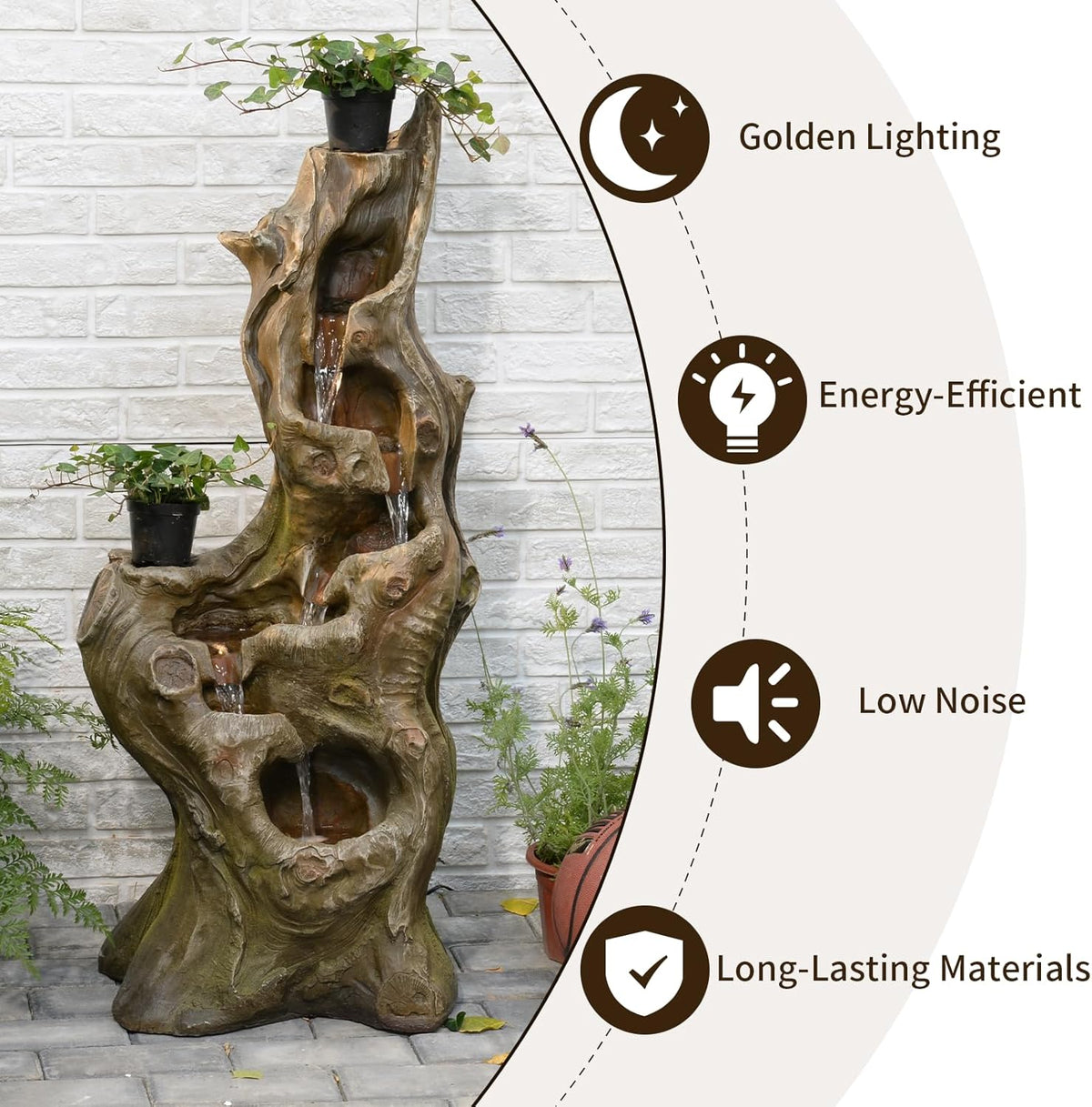 Sunlinua Water Fountain Outdoor, 5-Tier Cascading Realistic Tree Waterfall