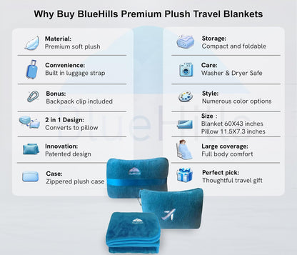 BlueHills Premium Soft Plush Mini Travel Blanket Pillow Plane 2 in 1 Gray
