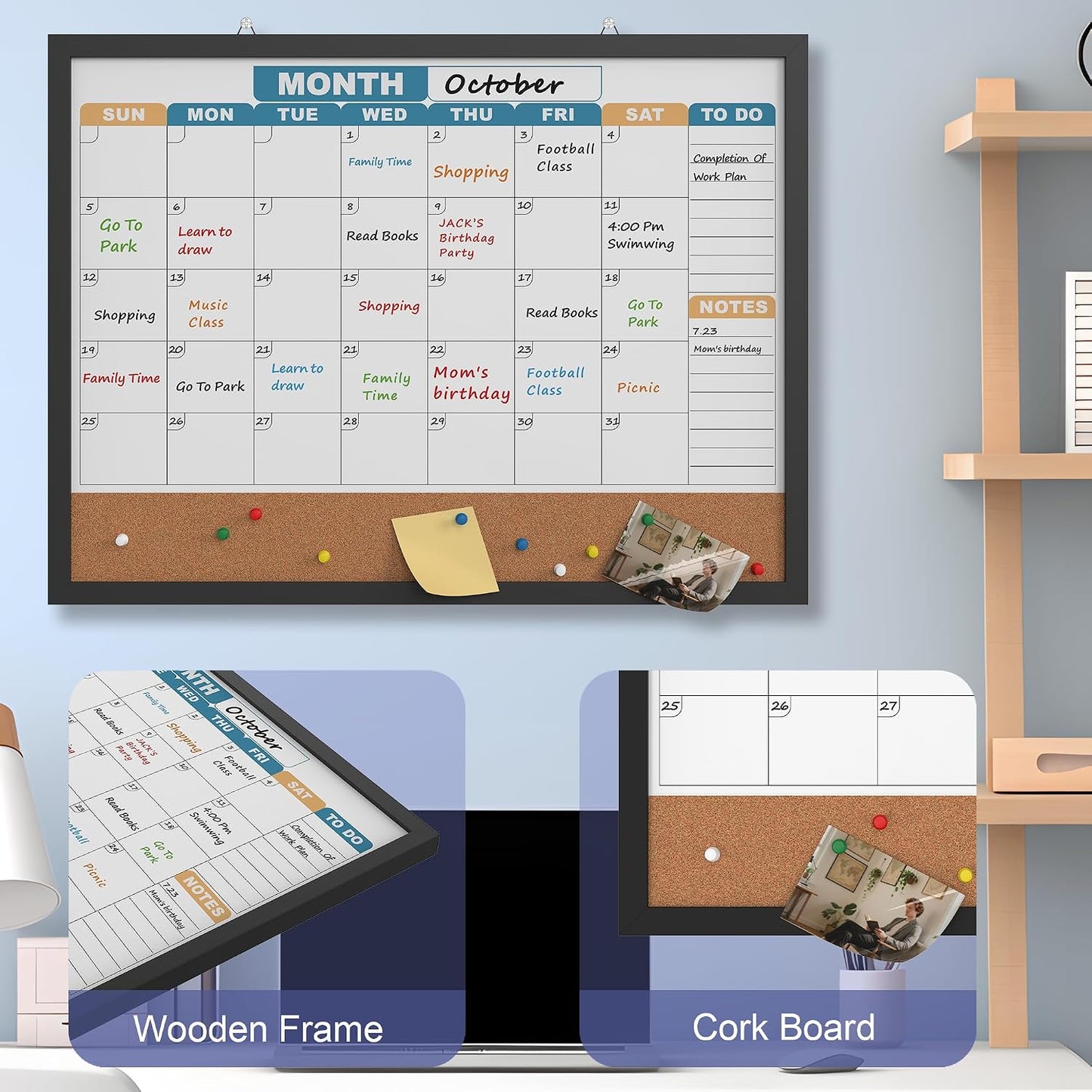 Monthly Calendar Dry Erase Board 16x12 Inch, Double-Sided Whiteboard and Corkboard Combo, Wall Mounted Planner Organizer with Markers, Magnets, Push Pins, Eraser, for Home Office School