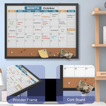 Monthly Calendar Dry Erase Board 16x12 Inch, Double-Sided Whiteboard and Corkboard Combo, Wall Mounted Planner Organizer with Markers, Magnets, Push Pins, Eraser, for Home Office School