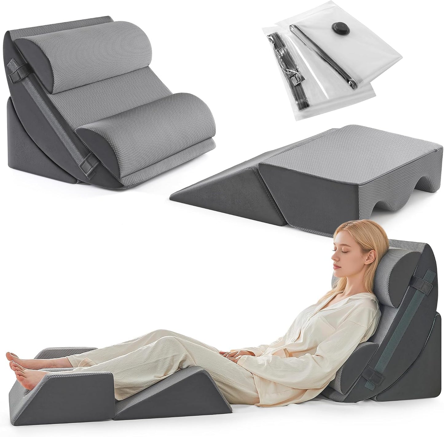 Yojoker 4PCS Orthopedic Bed Wedge Pillow Set for Sleeping, Post Surgery Foam Pillow for Body, Back and Leg Pain Relief, Triangle Adjustable Support Pillow - Acid Reflux, Anti Snoring & GERD Sleeping