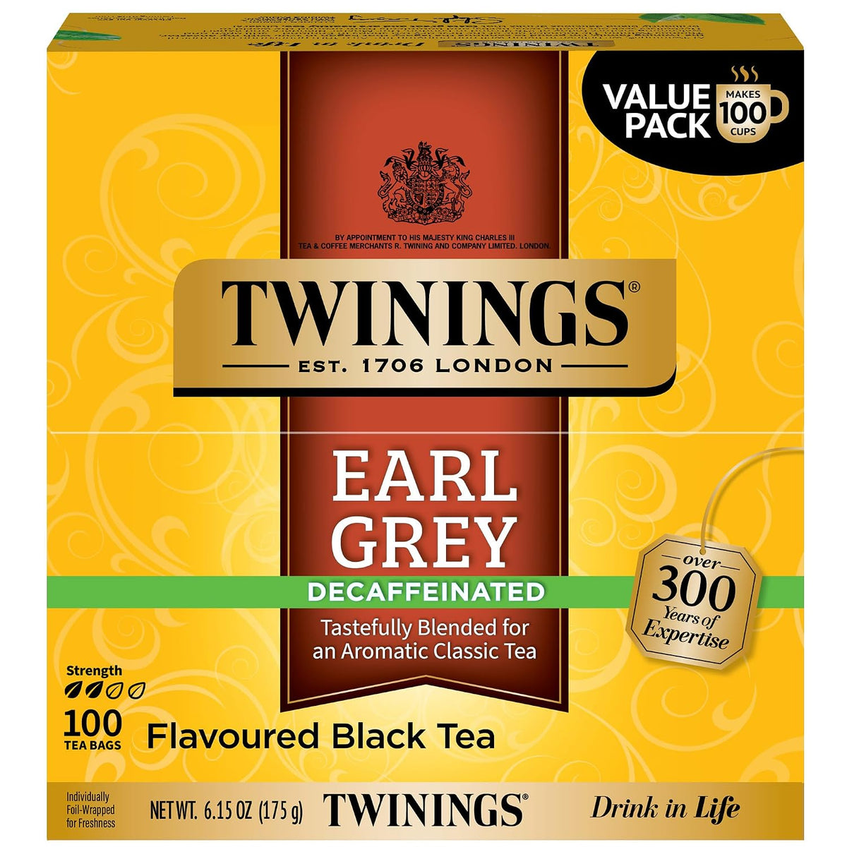 Twinings Decaffeinated Earl Grey Black Tea Individually Wrapped Bags, 100 Count (Pack of 1), Flavoured with Citrus and Bergamot, Enjoy Hot or Iced, 100 Teabags