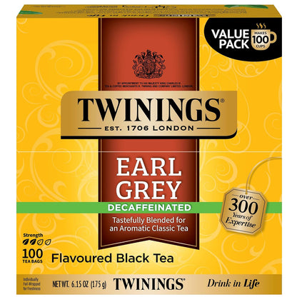 Twinings Decaffeinated Earl Grey Black Tea Individually Wrapped Bags, 100 Count (Pack of 1), Flavoured with Citrus and Bergamot, Enjoy Hot or Iced, 100 Teabags