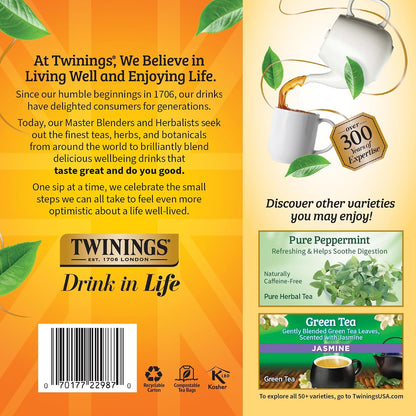 Twinings Lemon & Ginger Herbal Tea Individually Wrapped Bags, 100 Count (Pack of 1), Tangy Lemon, Spicy Ginger, Naturally Caffeine-Free, Enjoy Hot or Iced, 100 Teabags
