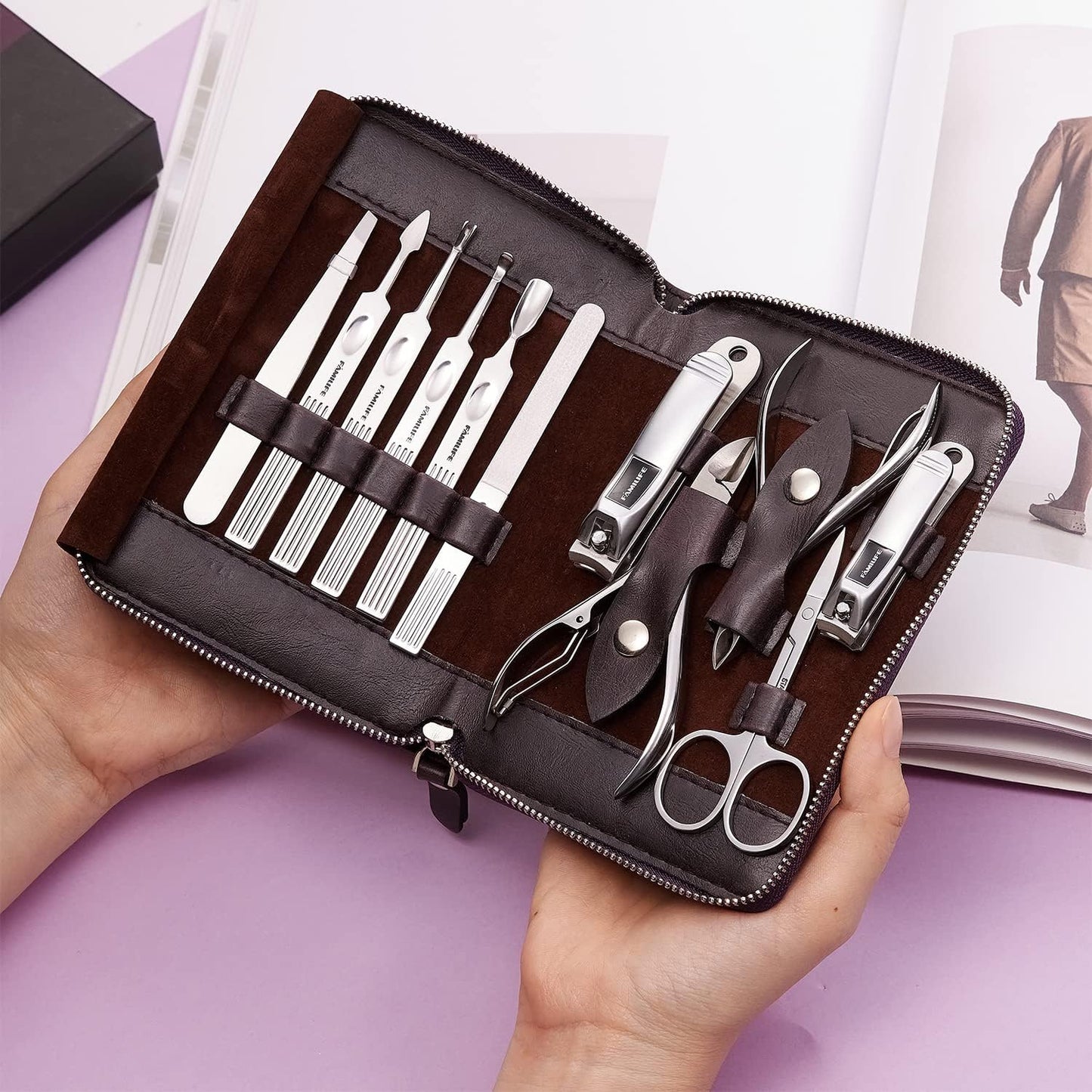 FAMILIFE Gifts for Women, Manicure Set Professional Manicure Kit 11 in 1 Nail Kit Nail Clippers Tools Stainless Steel with Rose Gold Leather Case Travel Sets