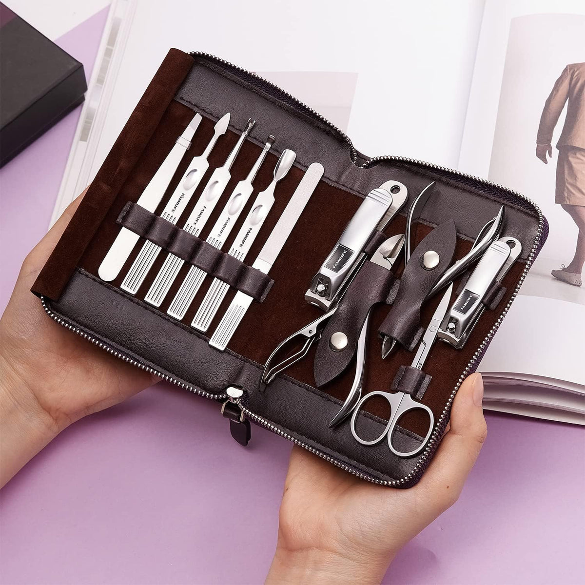 FAMILIFE Stainless Steel Manicure Set 11-in-1 Professional Nail Clipper Kit