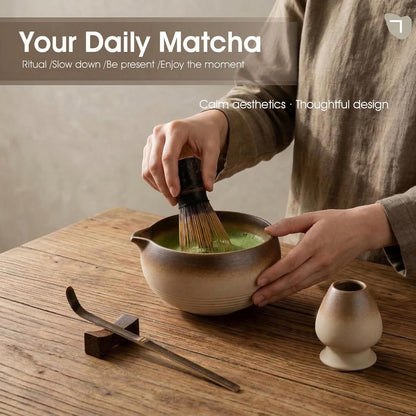Matcha Whisk Set 7-Piece with Handmade Matcha Bowl & 100-Prong Purple Bamboo Whisk (Chasen), Complete Matcha Kit with Holder, Scoop & Rest, Bamboo Tea Mat, Gift-Ready Matcha Set