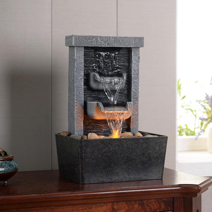 GOSSI Indoor Waterfall Fountain, 10.3" Tabletop Water Fountain with LED Lights & River Rocks, Relaxing Home Office Decor