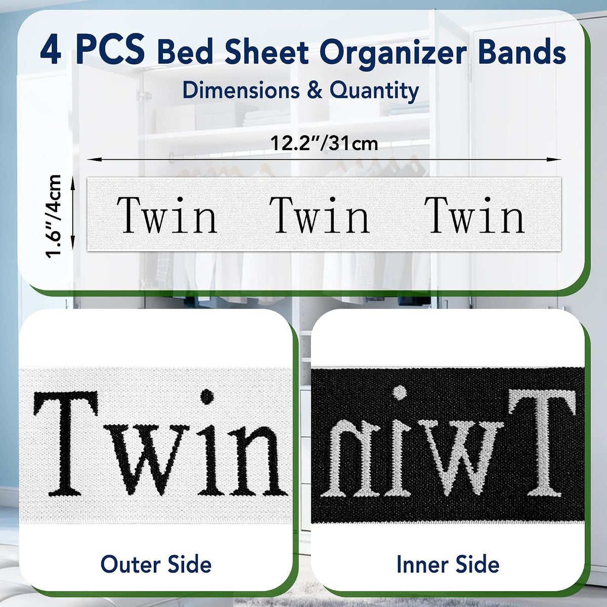 20 Pack Elastic Bed Sheet Organizer Bands with Size Labels，Elastic Bedding Band Labels for Organizing Bed Sheets with Assorted Sizes