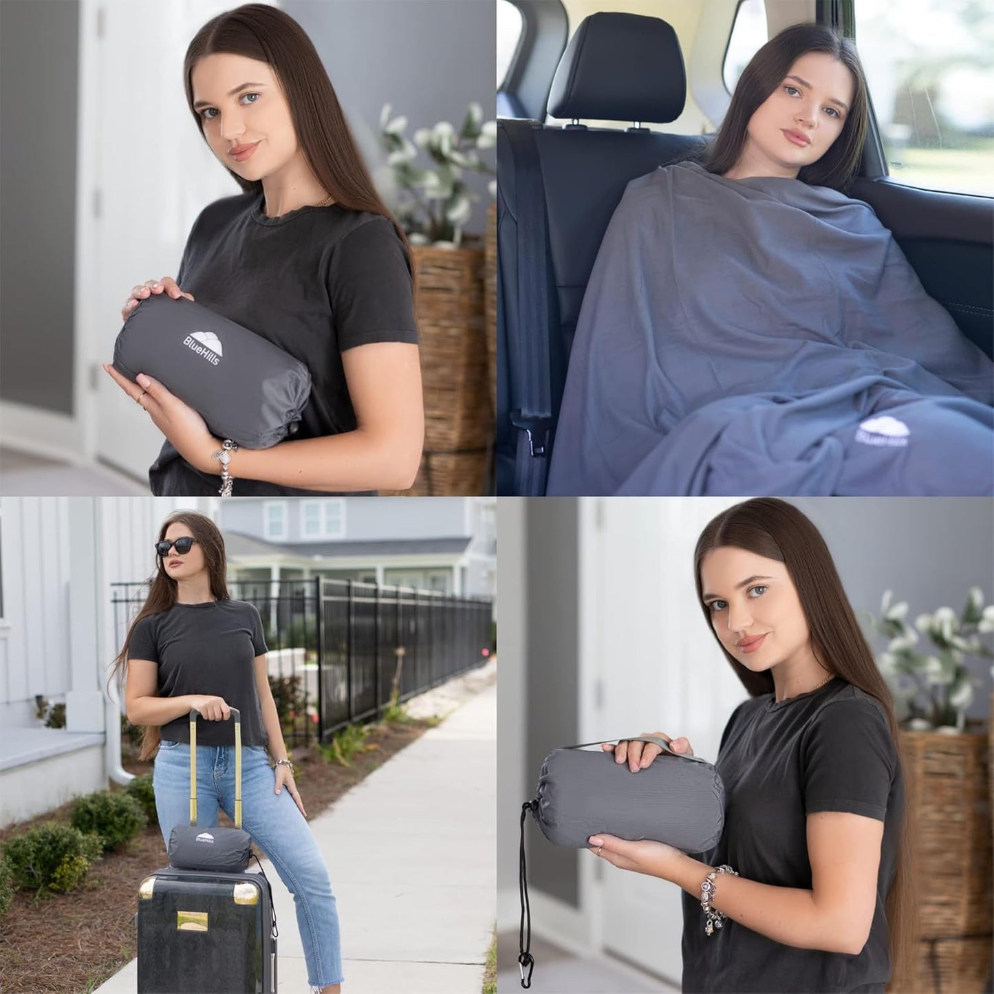 BlueHills Travel Blanket Pillow Compact Lightweight Pocket Size Airplane Traveling Essential Flight Trip Throw in Bag Portable Case Plane Accessory Gray L01