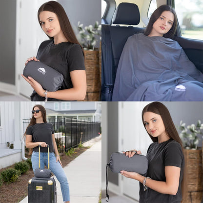 BlueHills Travel Blanket Pillow Compact Lightweight Pocket Size Airplane Traveling Essential Flight Trip Throw in Bag Portable Case Plane Accessory Gray L01